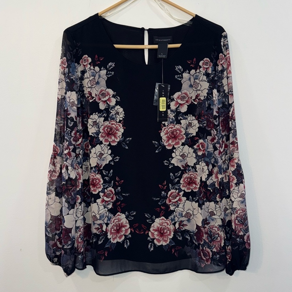 Investments size Large long sleeve blouse with sheer sleeves NWT